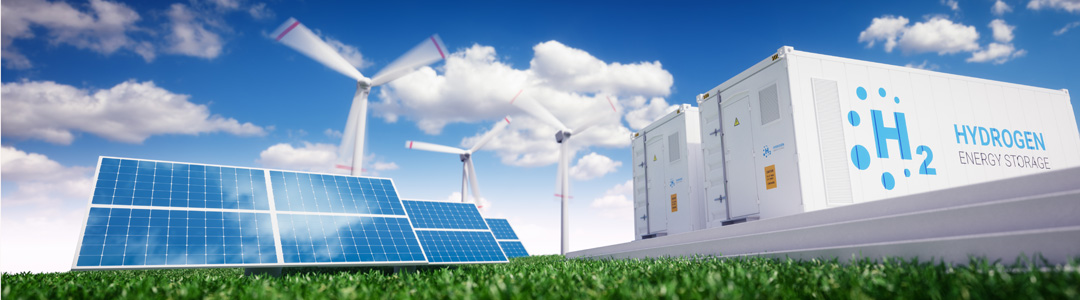 Ecology energy solution. Power to gas concept. Hydrogen energy storage with renewable energy sources – photovoltaic and wind turbine power plant in a fresh nature. 3d rendering.